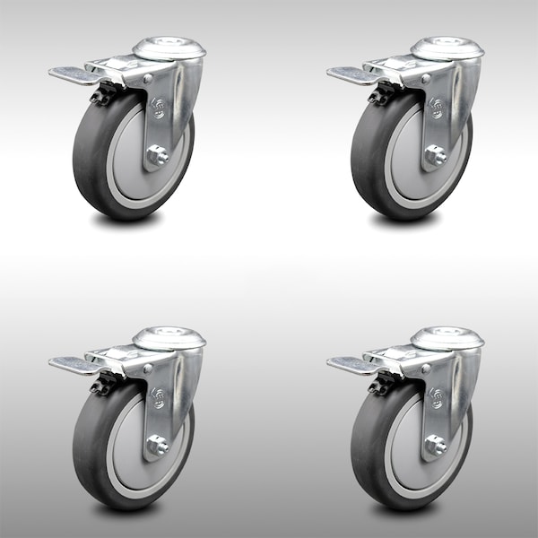 5 Inch SS Thermoplastic Rubber Swivel Bolt Hole Caster Set with Total Lock Brake